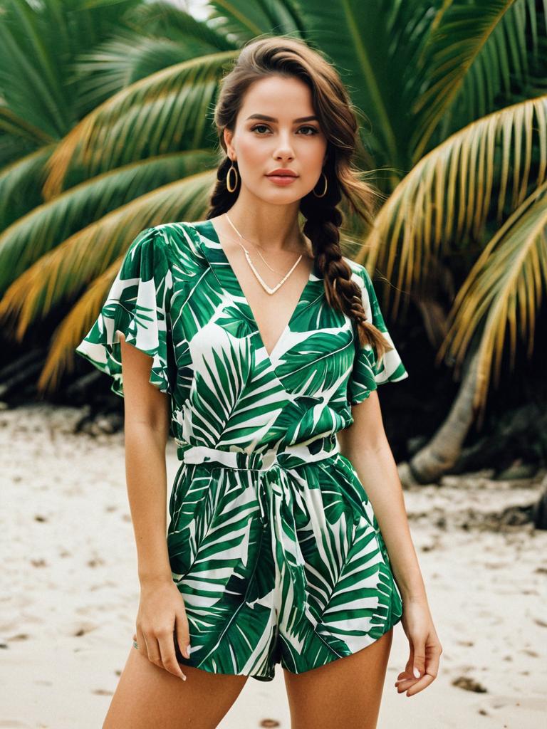 Tropical Palm Leaf Patterned Romper Fashion on Beach with Woman