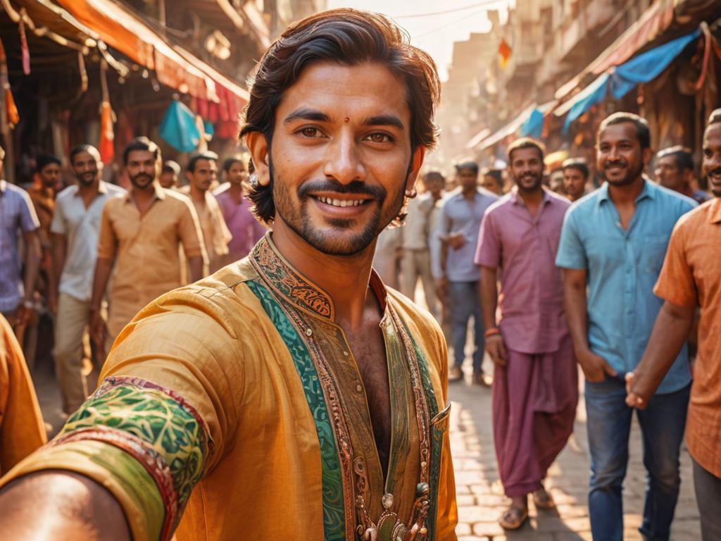 Indian man in traditional attire taking a vibrant selfie in a local market