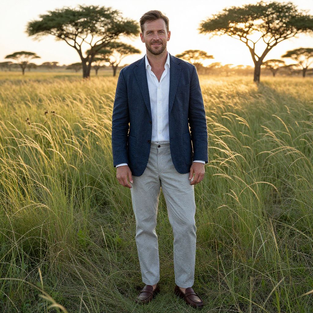 Man in Smart Casual Outfit Standing in African Savannah at Sunset