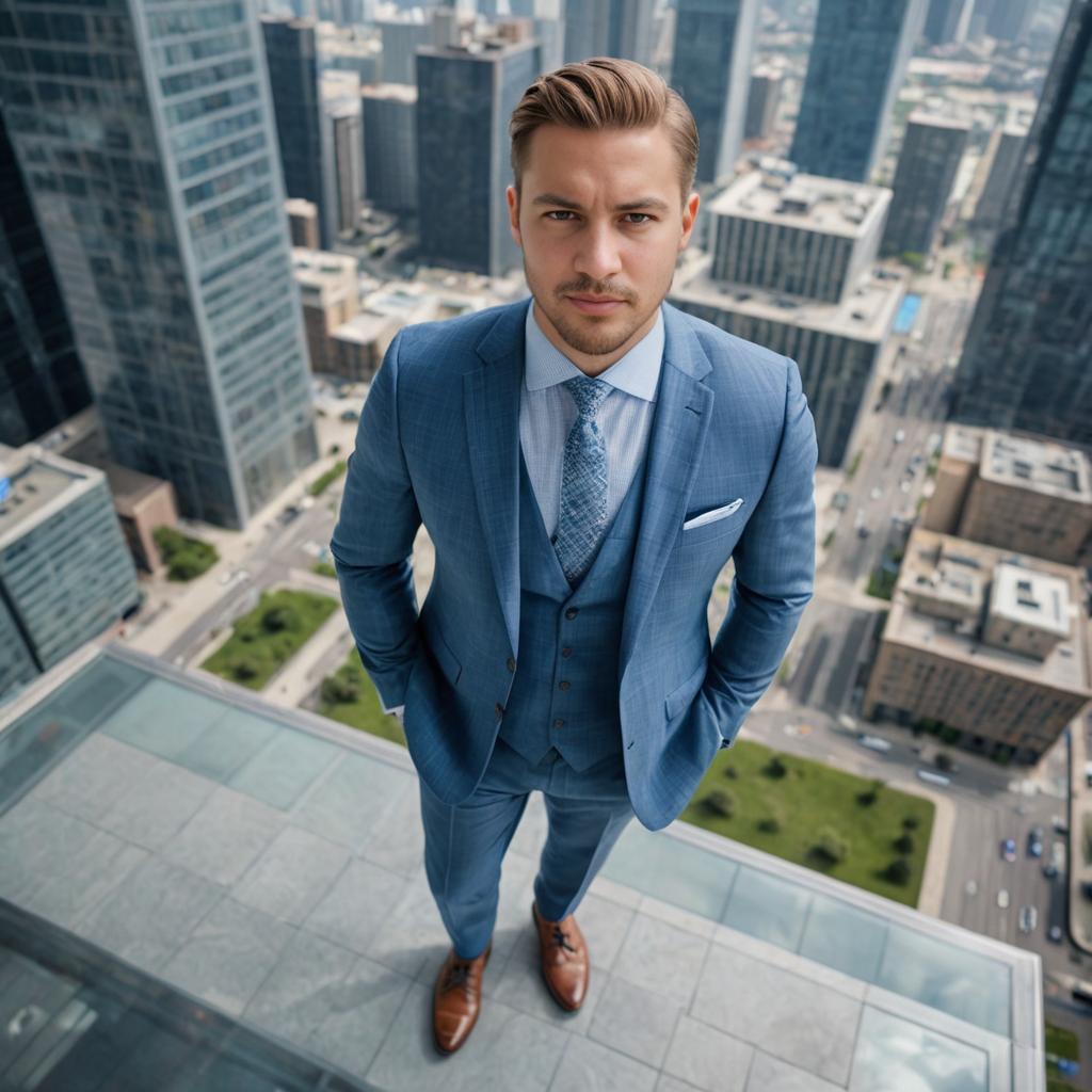 Confident Man on High-Rise with Cityscape