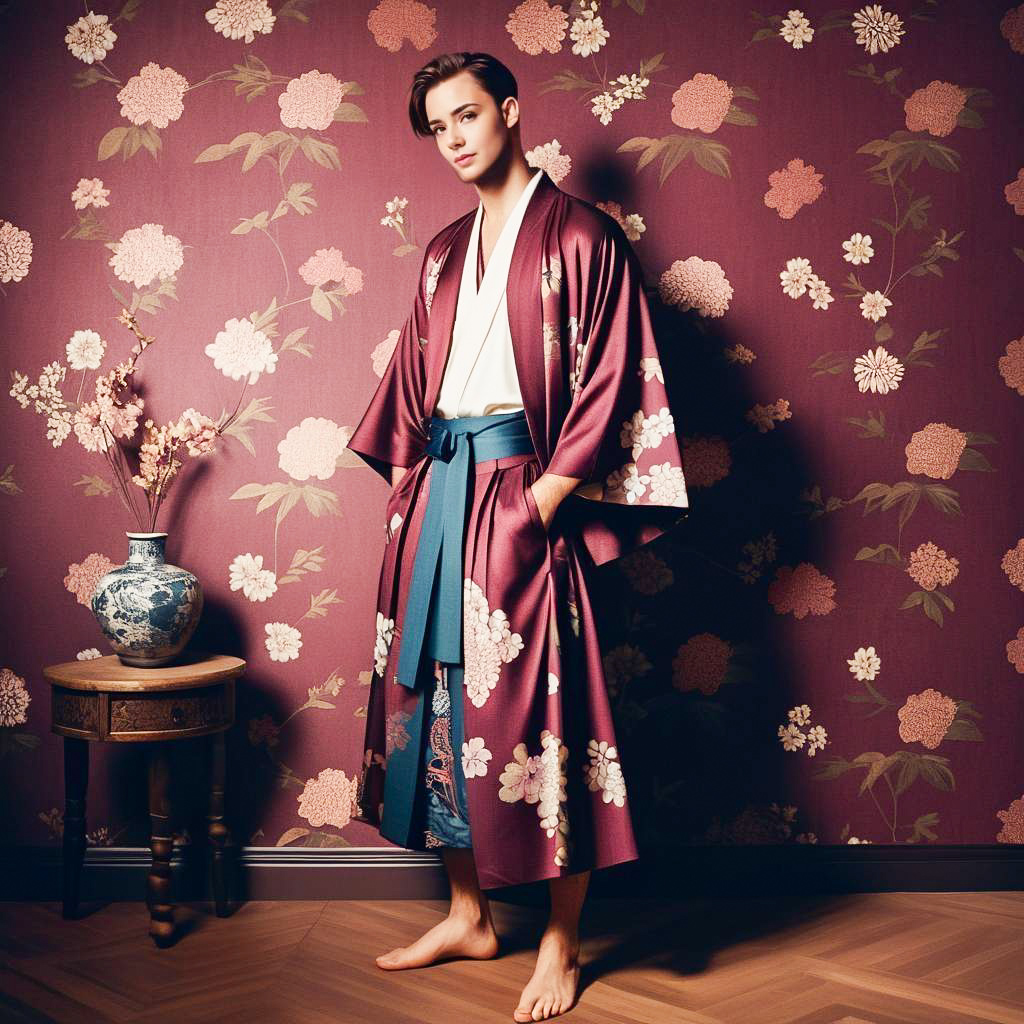 Stylish Man in Traditional Kimono Against Floral Wall