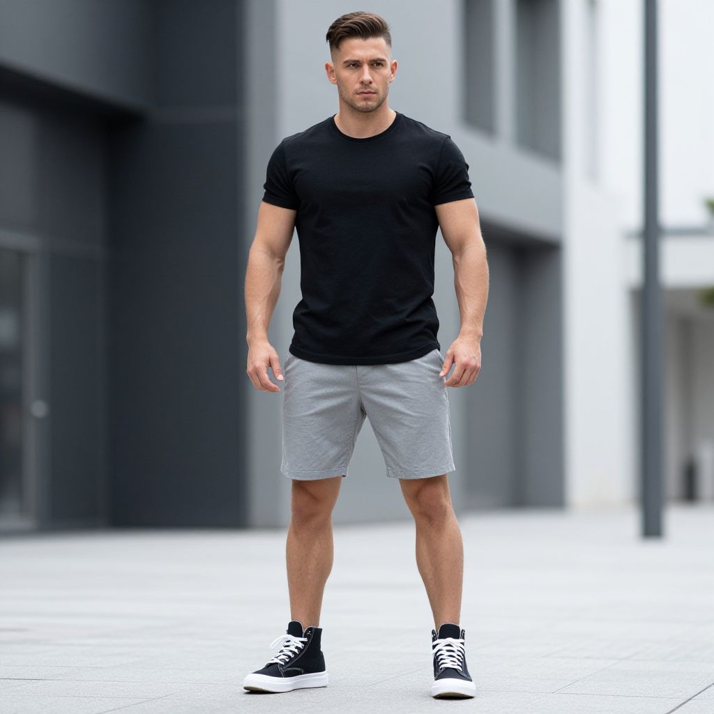 Athletic Man Wearing Black T-Shirt and Gray Shorts in Urban Setting