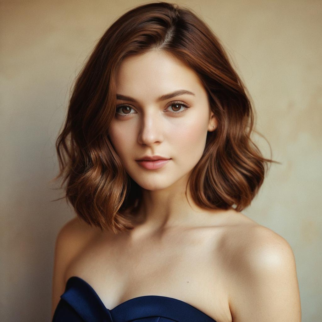 Portrait of Young Woman with Wavy Hair and Natural Makeup