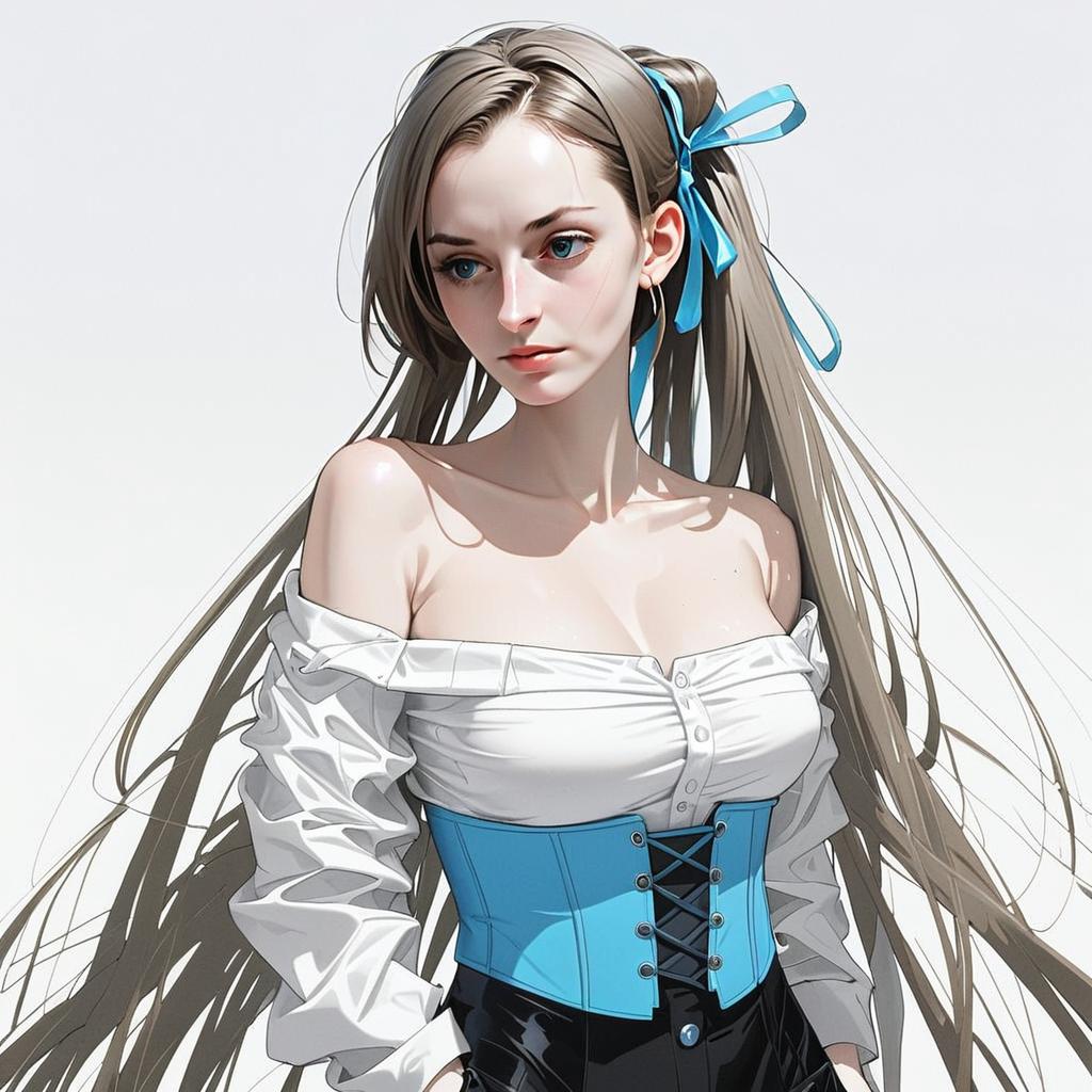 Young Woman in Blue Corset and White Blouse Young Woman in Blue Corset and White Blouse