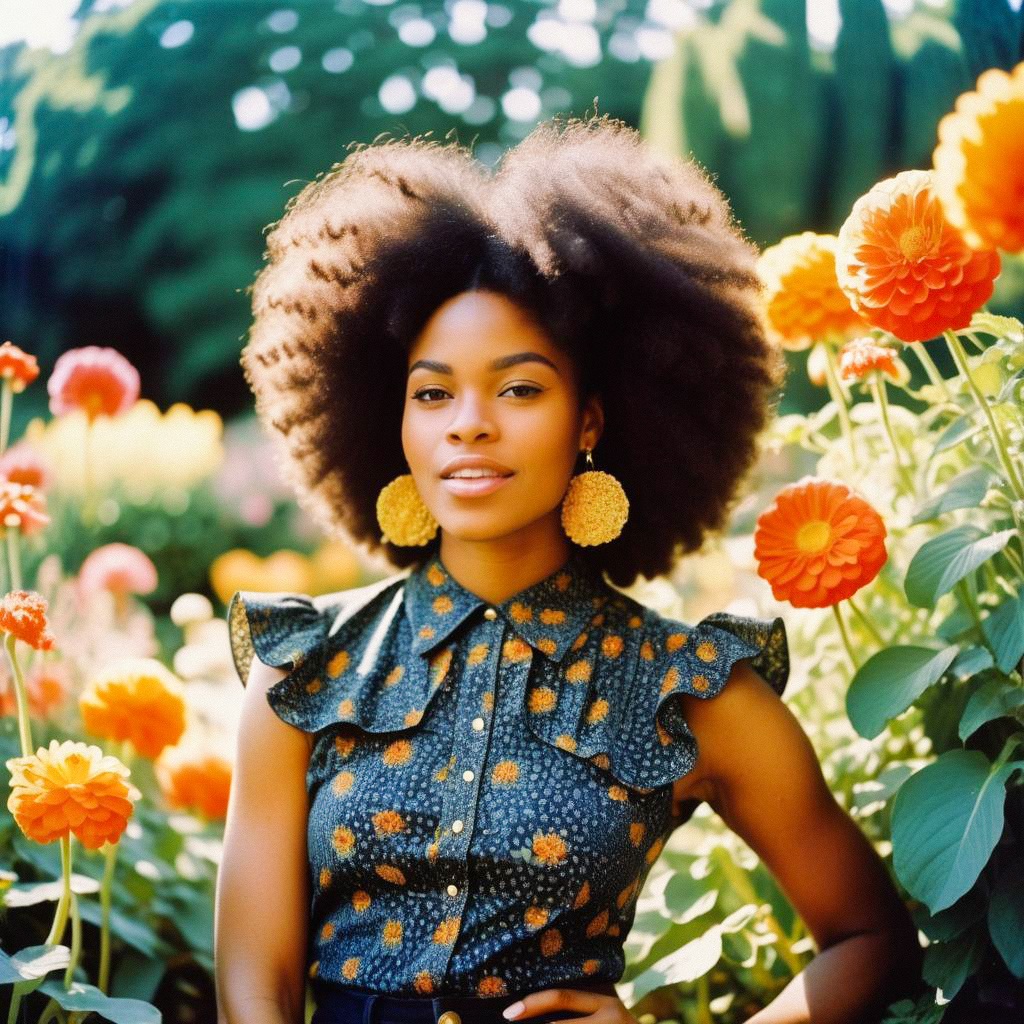 Woman with Afro in Colorful Garden