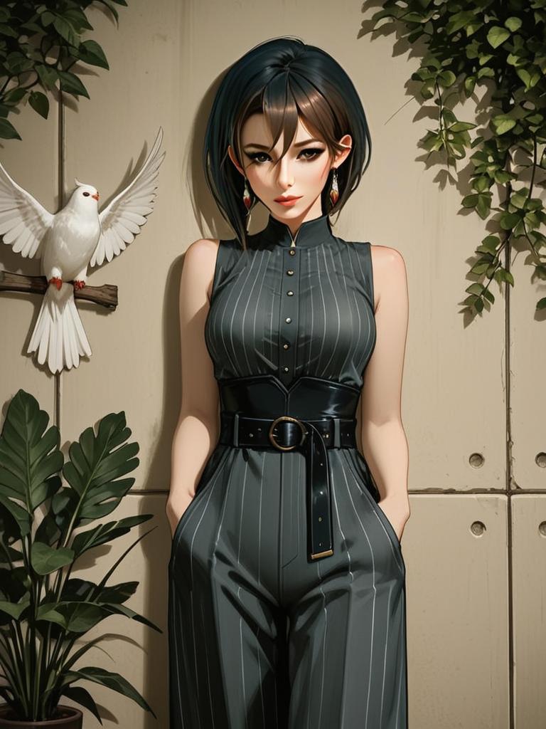Stylish Woman in Pinstriped Jumpsuit with White Dove Digital Illustration