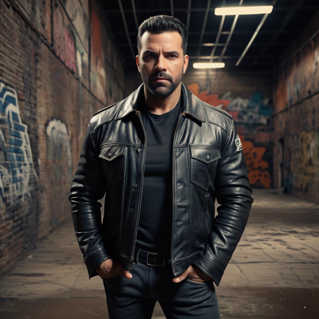 Confident man in black leather jacket against graffiti backdrop