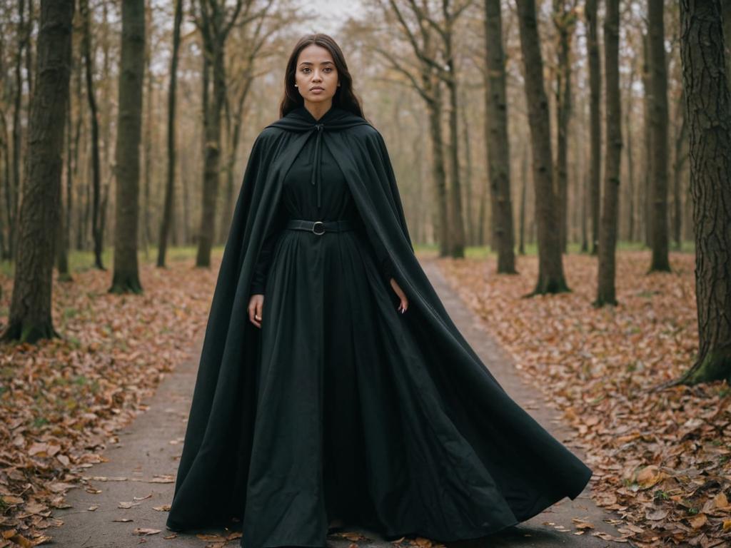 Woman in Dramatic Black Cloak on Forest Path