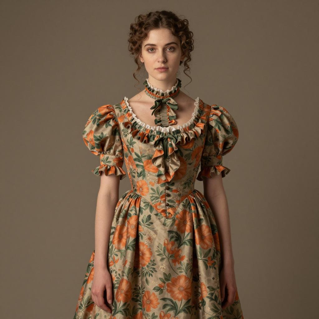 Young Woman in Vintage Floral Puff Sleeve Dress with Ruffled Collar