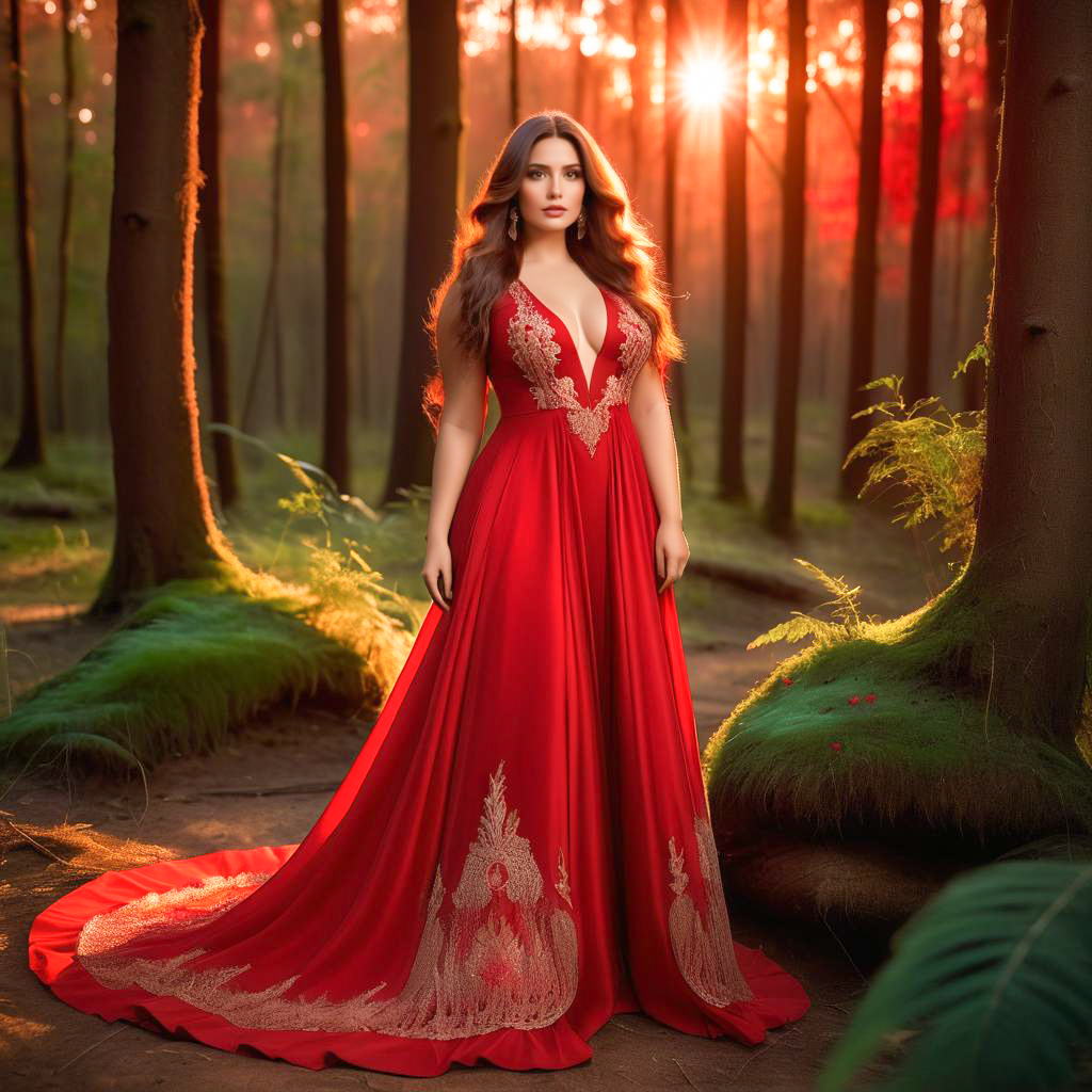 Woman in Red Gown in Vibrant Forest at Sunset