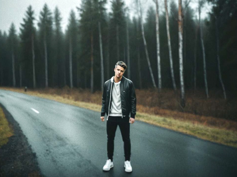 Stylish Young Man on Misty Road