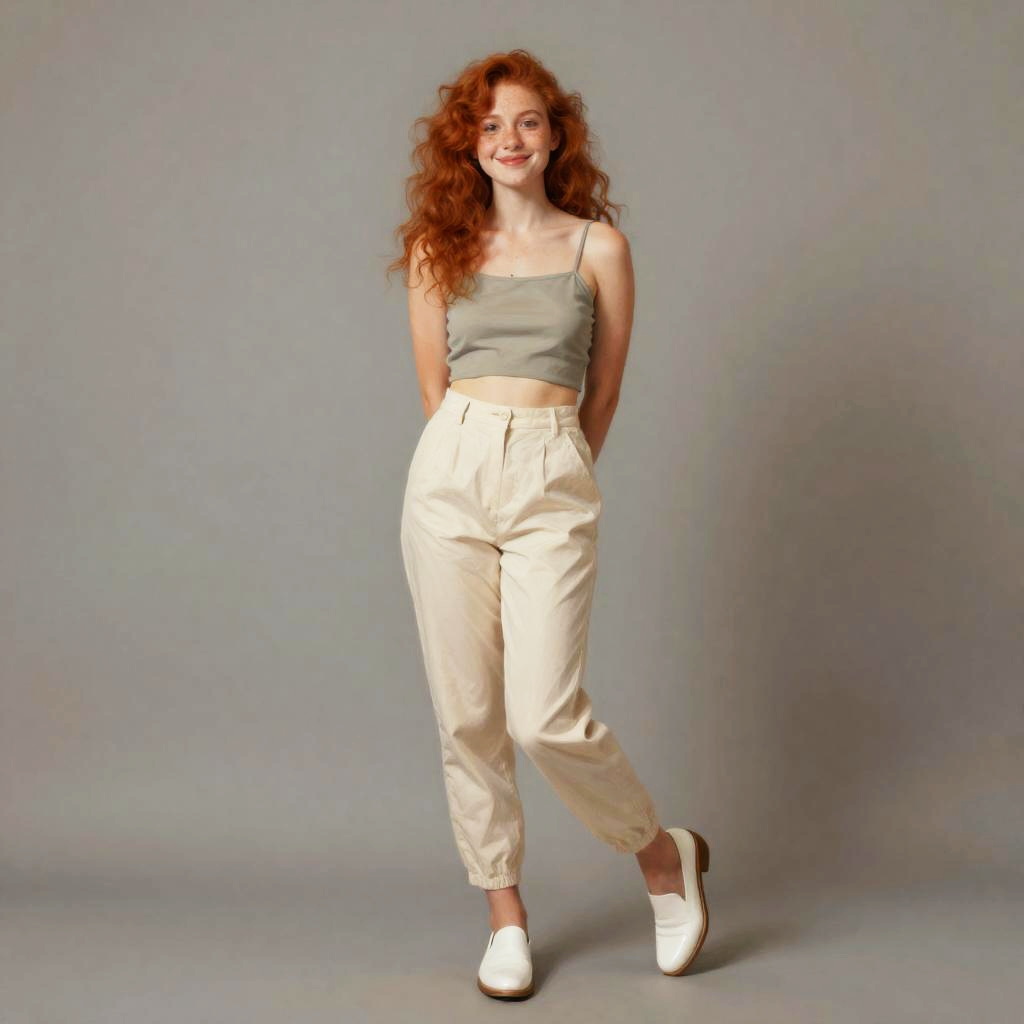 Confident Young Red-Haired Woman in Casual Chic Outfit Against Gray Background