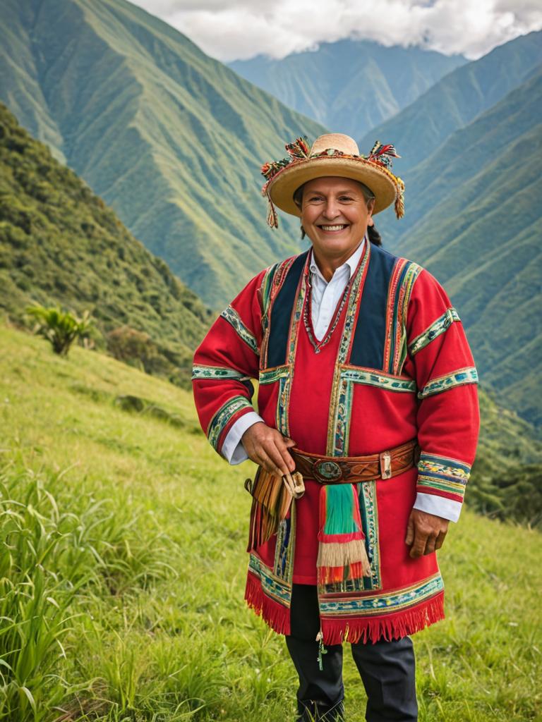 Joyful Peruvian Man in Vibrant Traditional Attire