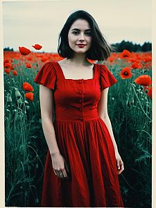 Young Woman in Red Dress Standing in Poppy Field Realistic Photo