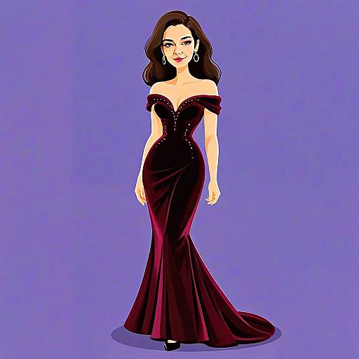 Sophisticated Woman in Elegant Burgundy Off-Shoulder Plunging Neckline Gown Illustration
