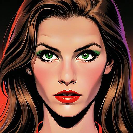 Vivid Digital Portrait of Woman with Green Eyes and Red Lips in Modern Pop Art Style