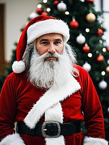 Realistic Man Dressed as Santa Claus with Christmas Tree Background