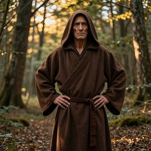 Elderly Man in Brown Hooded Robe Standing in Forest