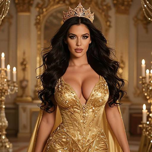 Elegant Woman in Gold Jewel-Embellished Gown and Crown in Luxurious Palace