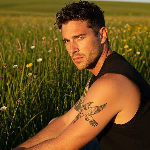 Contemplative Young Man with Bird Tattoo in Sunlit Wildflower Meadow