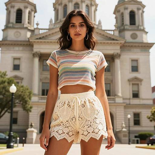 Bohemian Chic Woman Wearing Semi-Sheer Stripe Crop Top and Crochet Shorts Outdoors