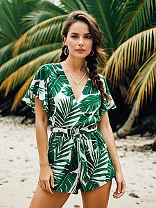 Tropical Palm Leaf Patterned Romper Fashion on Beach with Woman