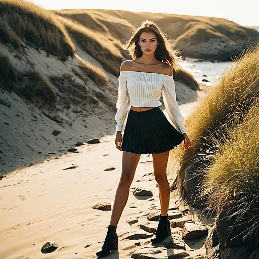 Stylish Woman in Off-Shoulder Sweater and Pleated Skirt on Sandy Dunes