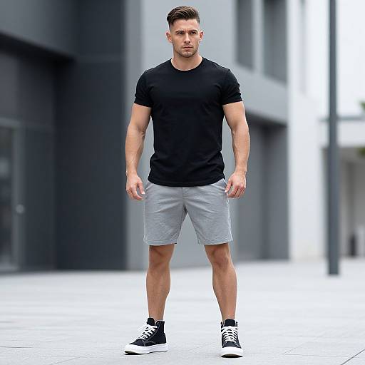 Athletic Man Wearing Black T-Shirt and Gray Shorts in Urban Setting