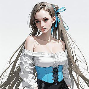 Young Woman in Blue Corset and White Blouse
