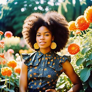 Woman with Afro in Colorful Garden