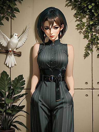 Stylish Woman in Pinstriped Jumpsuit with White Dove Digital Illustration