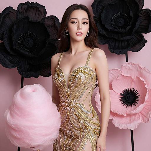 Elegant Woman in Gold Beaded Gown with Pink Cotton Candy and Floral Backdrop