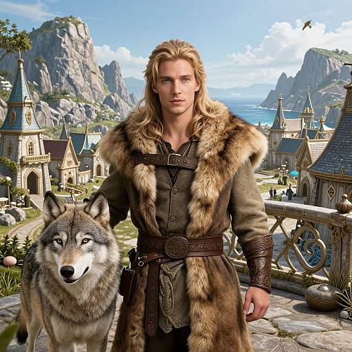 Medieval Fantasy Man with Wolf in Scenic Village vllm26040805496ioy