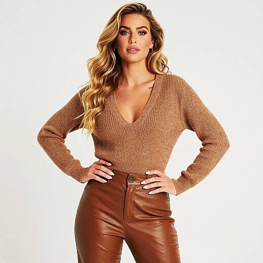 Stylish Woman in Brown Knit Sweater and Leather Pants