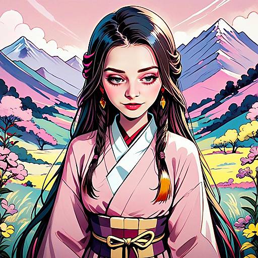 Digital Anime Artwork of Woman in Traditional Japanese Kimono with Mountain Landscape