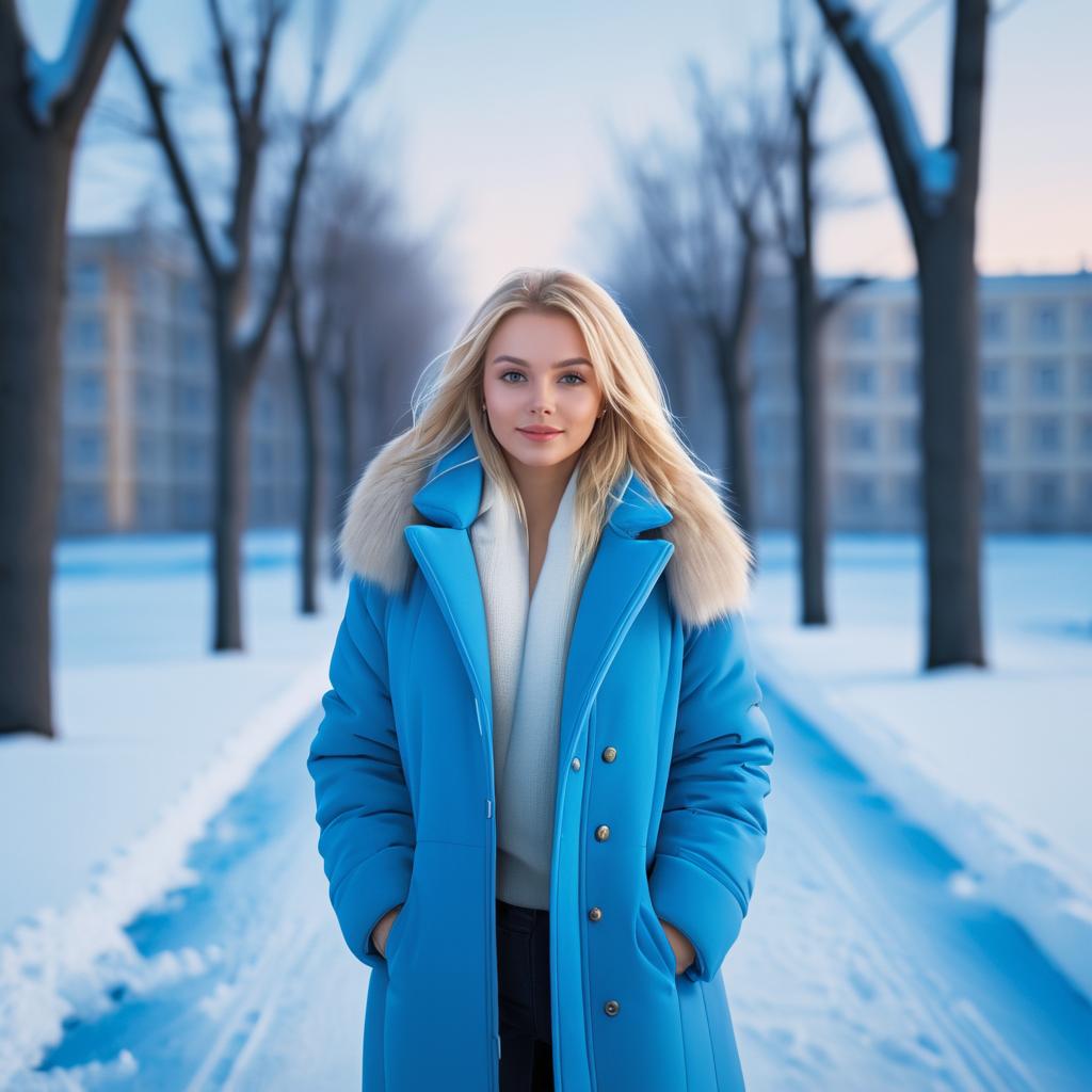 Woman in Stylish Blue Coat in Winter Landscape