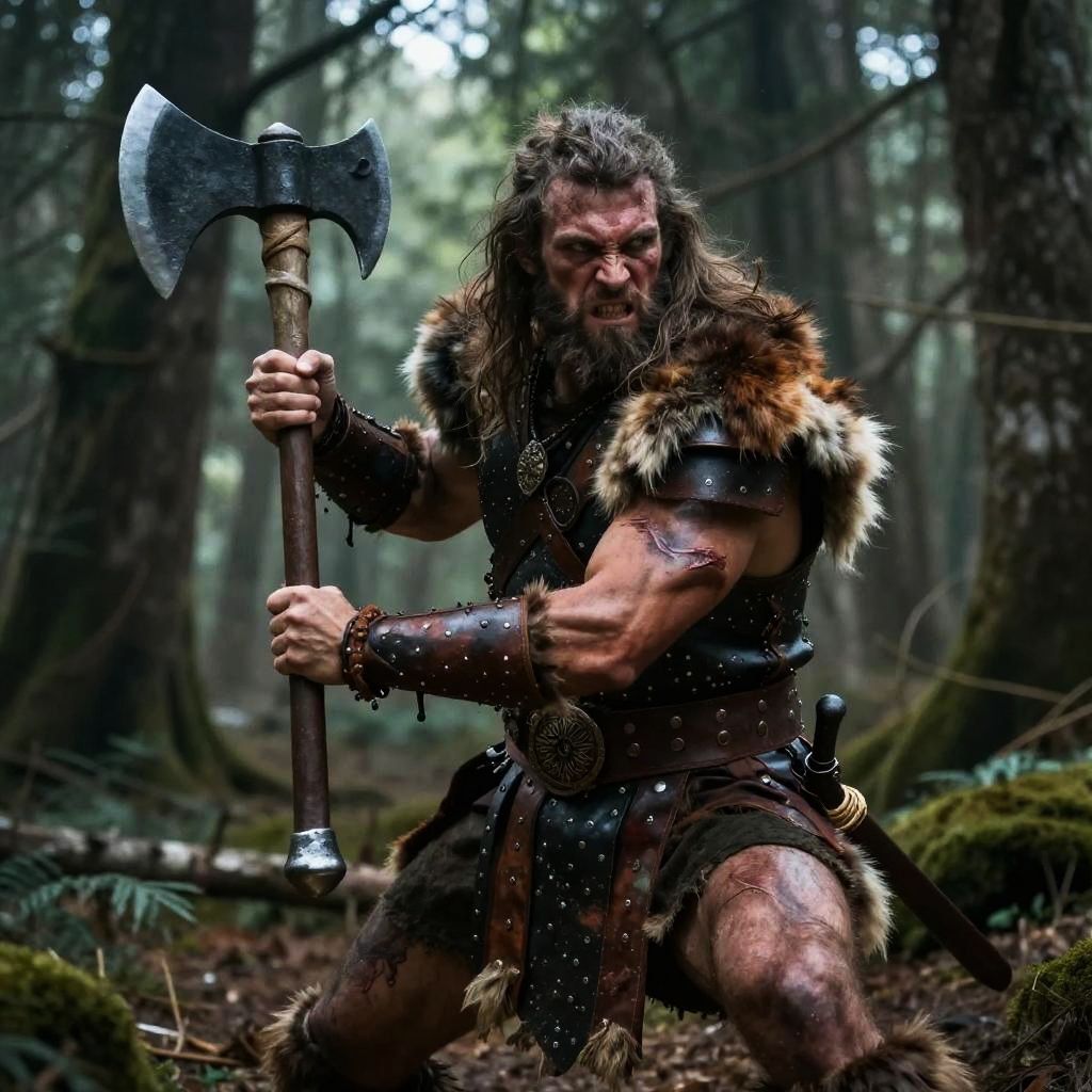 Fierce Viking Warrior in Forest Holding Double-Headed Axe