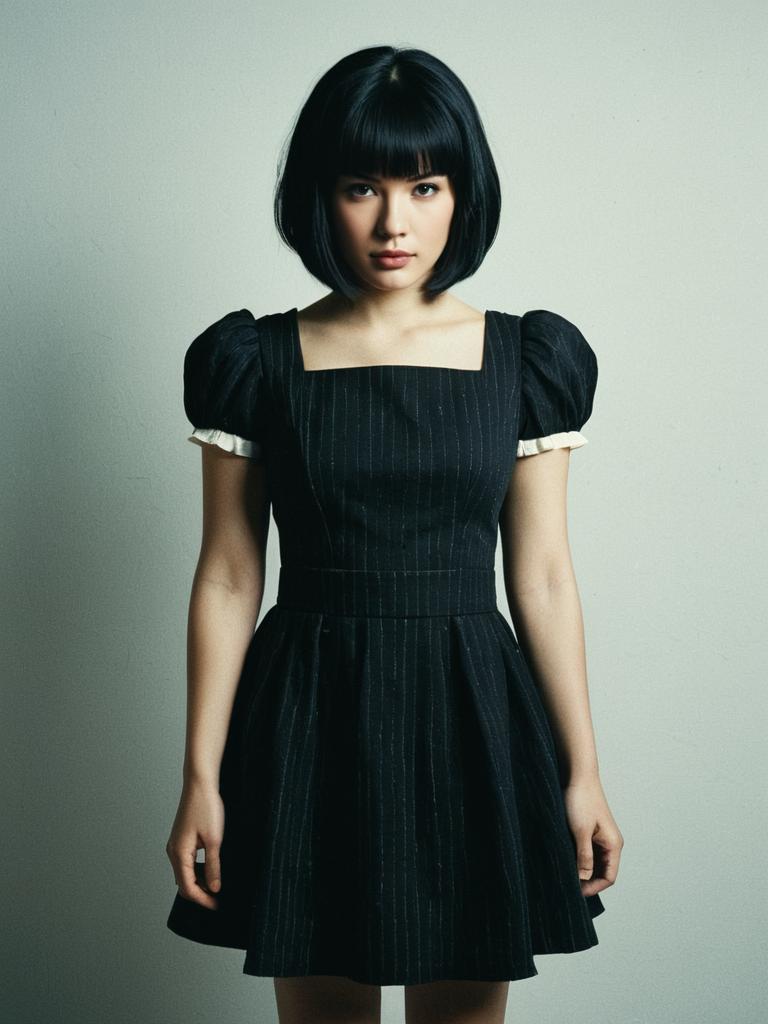 Young Woman in Vintage Black Pinstripe Dress with Puff Sleeves and Square Neckline