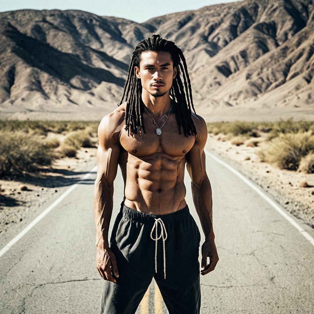 Muscular Man with Dreadlocks on Desert Road Muscular Man with Dreadlocks on Desert Road