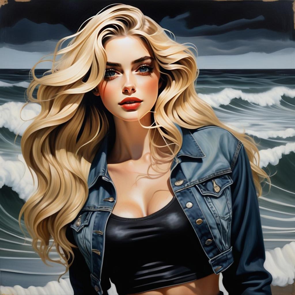 Blonde Woman in Denim Jacket by Stormy Ocean Blonde Woman in Denim Jacket by Stormy Ocean