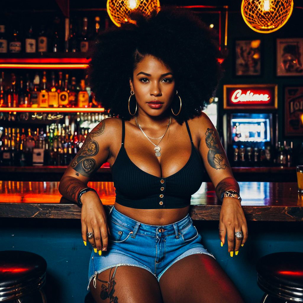 Confident Woman with Afro Hair at Bar