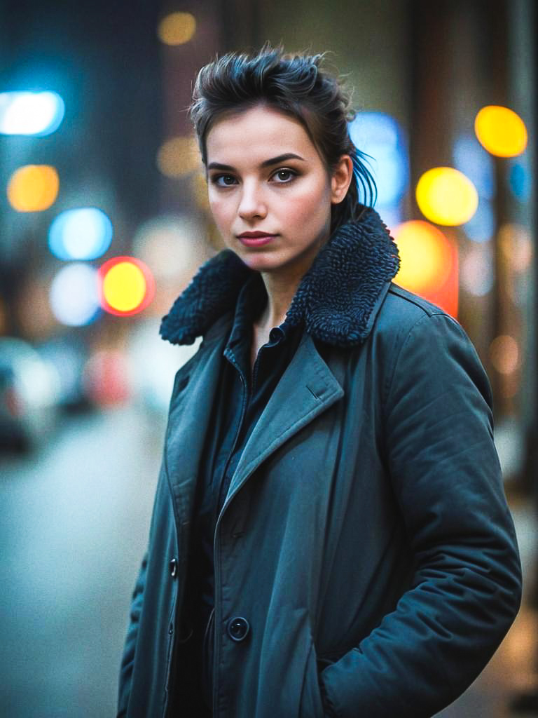 Confident Woman in Urban Setting with Bokeh Lights