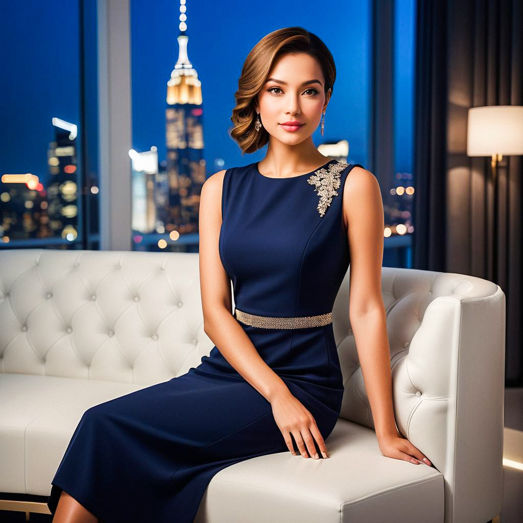 Elegant Woman in Navy Gown in Urban Apartment Elegant Woman in Navy Gown in Urban Apartment