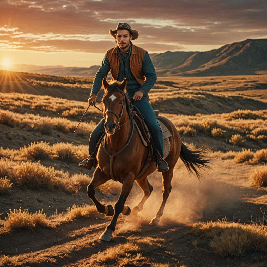 Man on Horse in Golden Landscape at Sunset