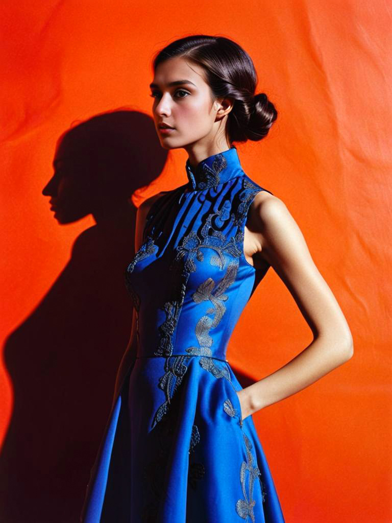 Woman in Blue Dress Against Orange Backdrop