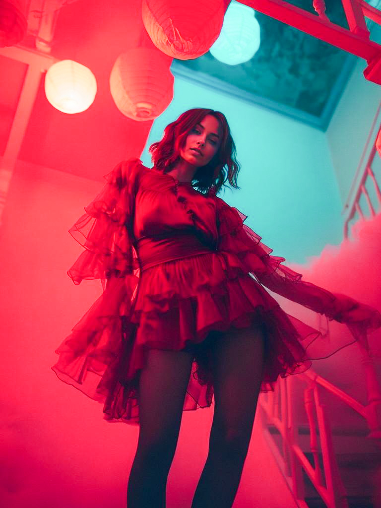 Woman in Red Dress with Colorful Lighting