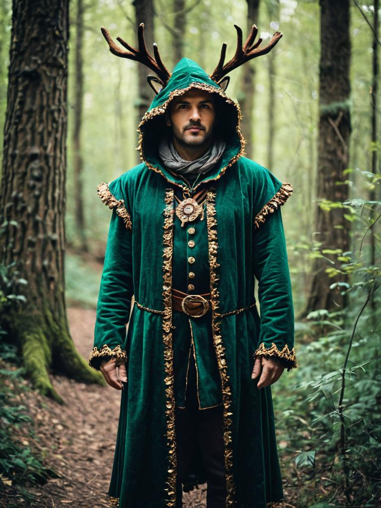 Man in Enchanted Forest Costume with Antlers Photorealistic Outdoor Portrait