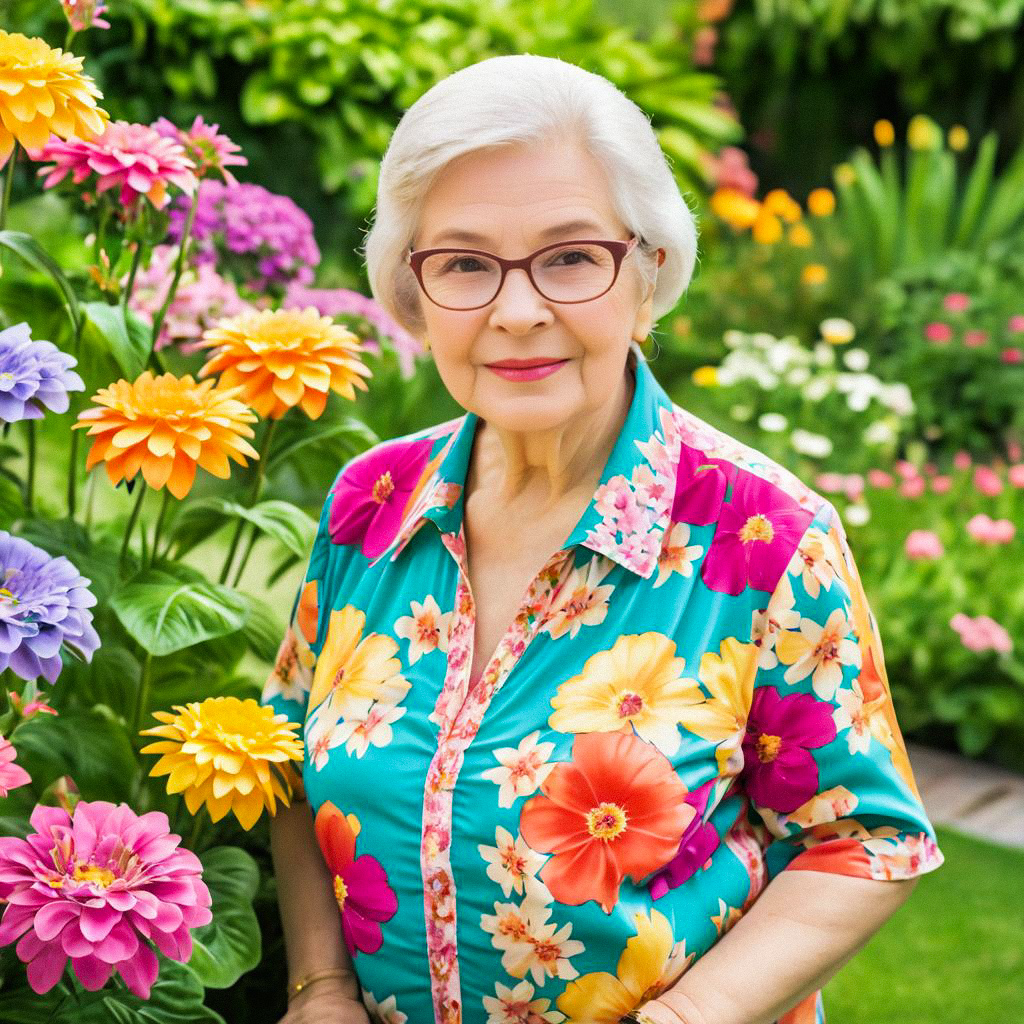 Elderly Woman in Colorful Flower Garden