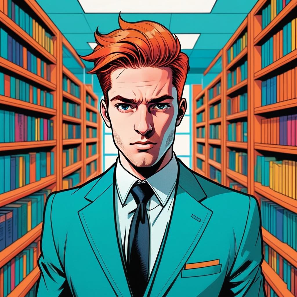 Red Haired Man in Teal Suit Comic Style Illustration in Library