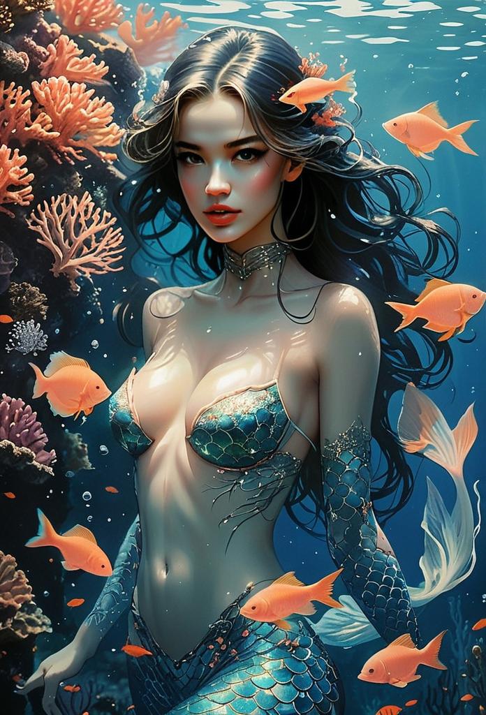Fantasy Mermaid Woman Digital Illustration Underwater Scene